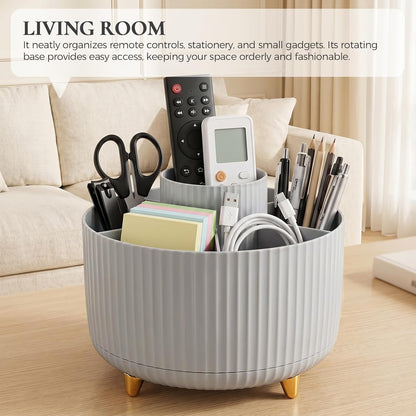 KONVINIT Pencil Pen Holder for Desk, 5 Slots 360 - Degree Rotating Desktop Organizer, Cute Desk Organizers and Accessories for School, Home, Office and Art Supply, Beige