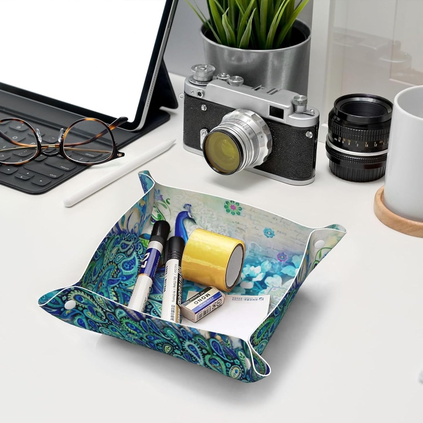 Retro Video Game Pattern Leather Vanity Tray Desktop Storage Organizer, Decorative Catchall Perfume Tray, Bathroom Valet Tray,Nightstand Caddy Holder for Keys Phone Wallet Coin Jewelry, S