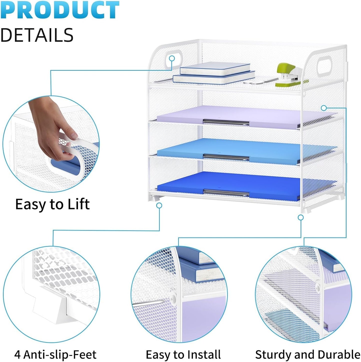 Marbrasse 4 Tier Paper Organizer Letter Tray - Mesh Desk File Organizer with Handle, Paper Sorter Organizer for Letter/A4 Office File Folder Holder (Black, 12.6" x 9.1" x 10.7")