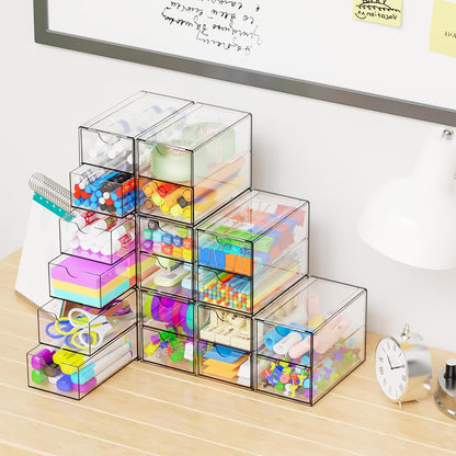 Yieach 11.1 Inch Long Clear Drawer Organizers Stackable,3 Pack Small Acrylic Drawers,School,Office Supplies Organizer And Storage Bins for Stationery,Marker,Pen,Pencil,Craft Desktop Storage Drawers