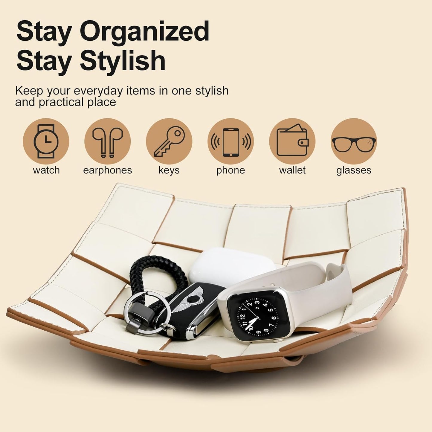 Valet Tray PU Leather Key Holder Bowl for Men Entryway Table Nightstand Desk Tray for Wallet, Keys Men's Gift - Brown & Black, 9.8" L x 9.8" W x 2" H