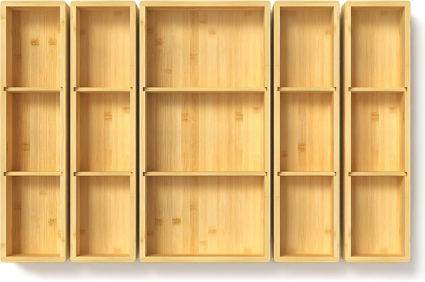 DUJEN Bamboo Drawer Organizer 12.5'' X 12.5'' X 2'', Adjustable 3 Individual Junk Drawer organizer for Bathroom and Kitchen, Wood Drawer Tea Organier Boxes for Silverware, Make up and Tea Bag