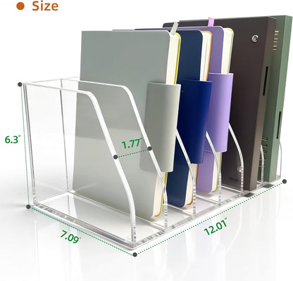 Acrylic Magazine File Holder, 4 Vertical Compartments Desk Document Sorter Organizer, Clear Folder Rack Binder for Office, Documents, Tablets, Magazines, Books – Home/Classroom Rack