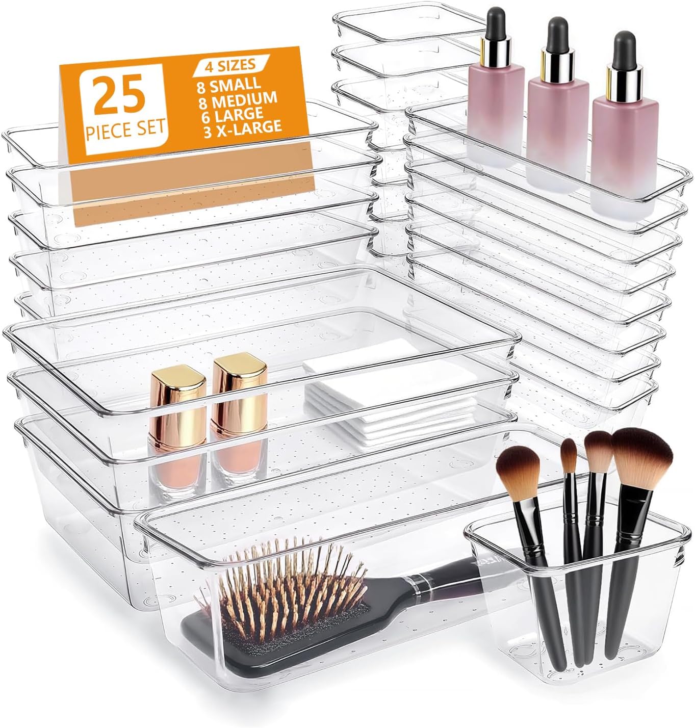 Clear Drawer Organizers Set of 13, 5-Size Vanity Organizer Trays, Stackable Bathroom & Desk Drawer Organizer for Makeup, Jewelry, Kitchen Utensils, Office Supplies and Small Gadgets Storage