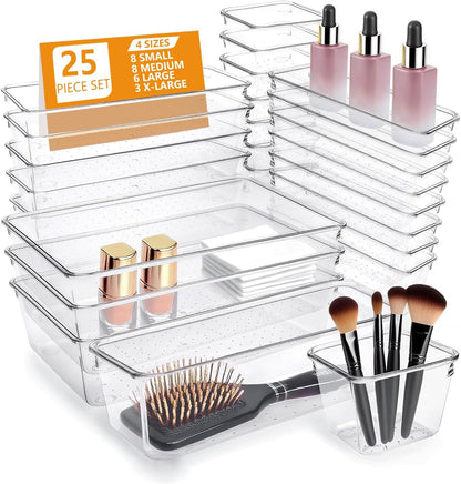 Clear Drawer Organizers Set of 13, 5-Size Vanity Organizer Trays, Stackable Bathroom & Desk Drawer Organizer for Makeup, Jewelry, Kitchen Utensils, Office Supplies and Small Gadgets Storage