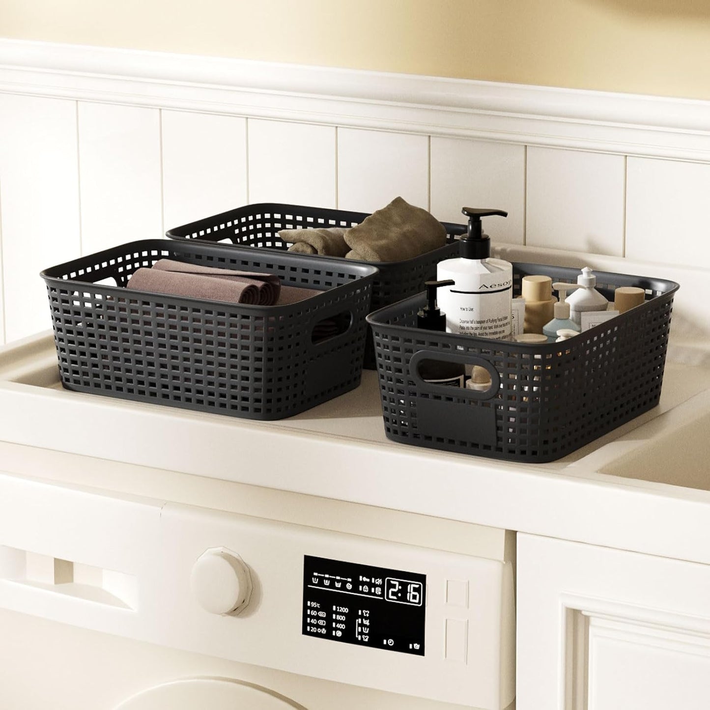6Pcs Storage Bins with Lids, Stackable Plastic Storage Basket with Bamboo Lid, Pantry Organizer Box Small Containers for Organizing Shelves Drawer Desktop Closet Cabinet Office Classroom 10x7.1x4.1in