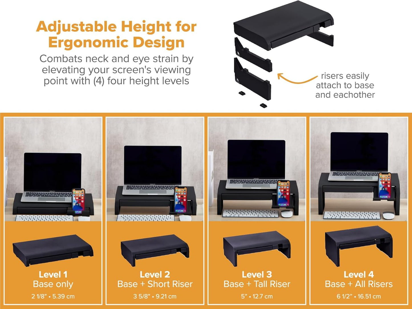 Bostitch Office Konnect Adjustable Monitor Stand Riser, 4 Height Adjustments, Built-In Cable Management, Rubber Feet - Black