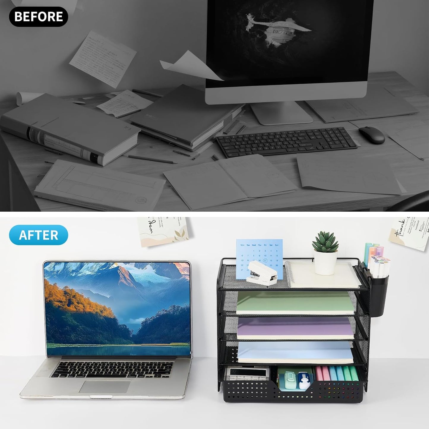 LEKETREE Desk Organizers and Accessories, 5-Tier Paper Letter Tray Organizer with File Holder, Desktop Organizer for Office Supplies (Black)