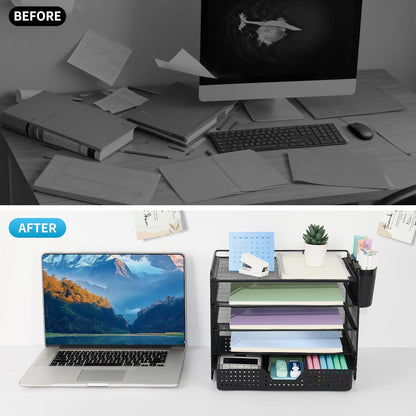 LEKETREE Desk Organizers and Accessories, 5-Tier Paper Letter Tray Organizer with File Holder, Desktop Organizer for Office Supplies (Black)