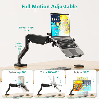 WALI Single Arm Laptop and Monitor Desk Mount for 17" Notebook and Up to 32" Screen, 2-in-1 Adjustable Monitor Arm with Laptop Tray, VESA 75x75 100x100,Holds 22-26.4 lbs, Black (GSMP001NLP)