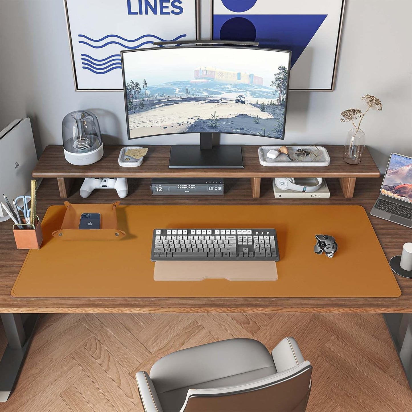 DAWNTREES Dual Sided Desk Mat,Leather Desk Pad,Cork Desk Mat Protector,with PU Leather Valet Tray Organizer,Large Mouse Pad,Desk Writing Pad for Office and Home(Dark Green 31.5"x15.8")