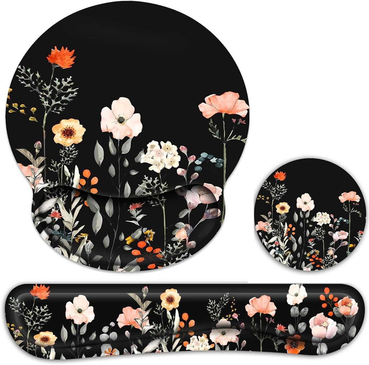 Ergonomic Mouse Pad with Wrist Rest and Keyboard Wrist Rest, Memory Foam Wrist Rest for Computer Keyboard, Easy Typing, Pain Relief, Mouse Pad Wrist Support for Gaming,Office, Laptop, Black Flower