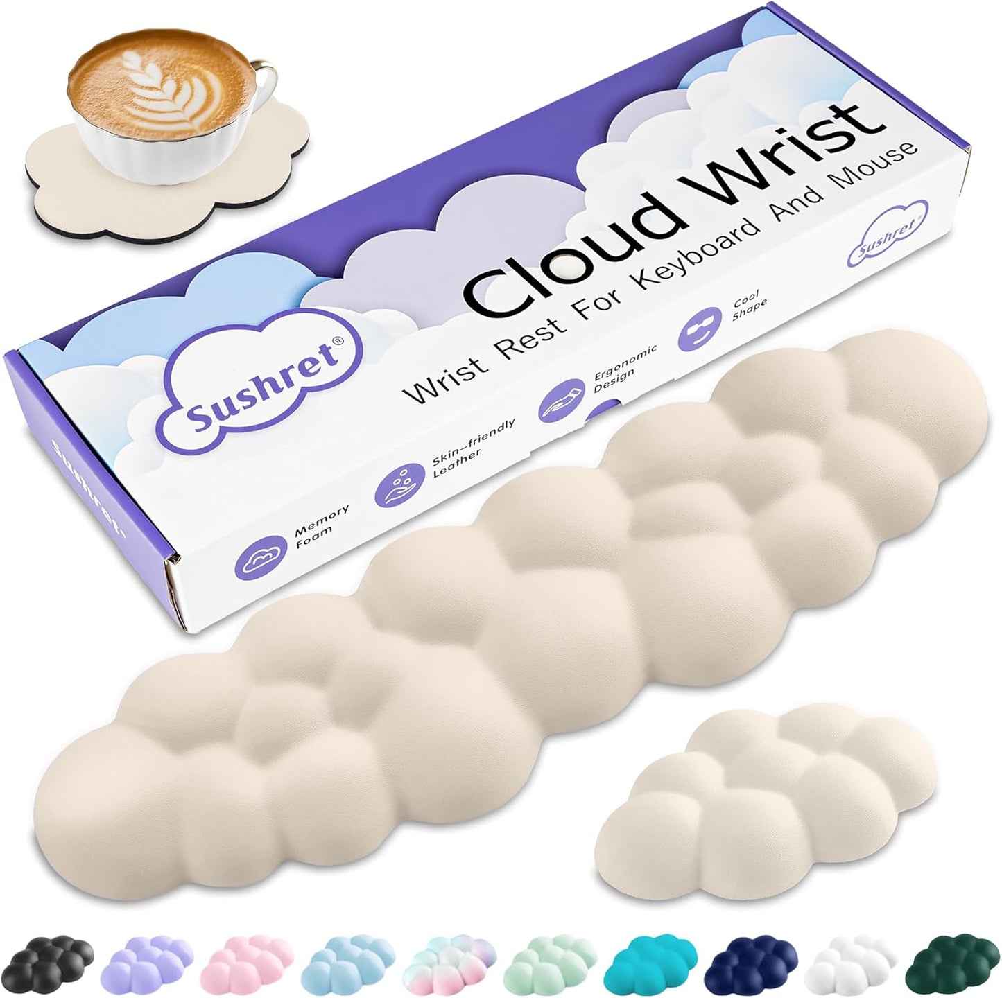 Sushret Cloud Wrist Rest Keyboard, Cloud Keyboard Wrist Pad Set with PU Leather Memory Foam, Cute Arm Rest for Palm Support, PC/Gaming Desk Accessories/Office Setup/Computer Hand Cushion - White
