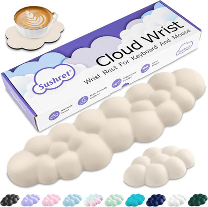 Sushret Cloud Wrist Rest Keyboard, Cloud Keyboard Wrist Pad Set with PU Leather Memory Foam, Cute Arm Rest for Palm Support, PC/Gaming Desk Accessories/Office Setup/Computer Hand Cushion - White
