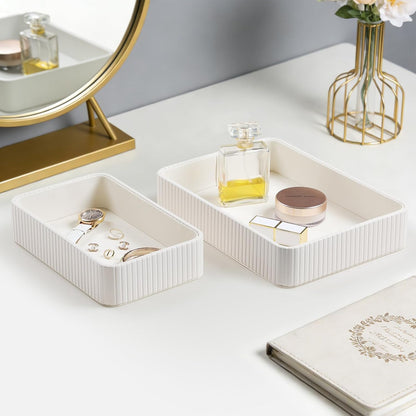 Desk Organizer Tray, PU Leather Nightstand Organizer Perfume Valet Tray for Men Women, Decorative Vanity Trays Trinket Dish Key Bowl for Entryway Table (2pcs, Ivory, Large+Small)