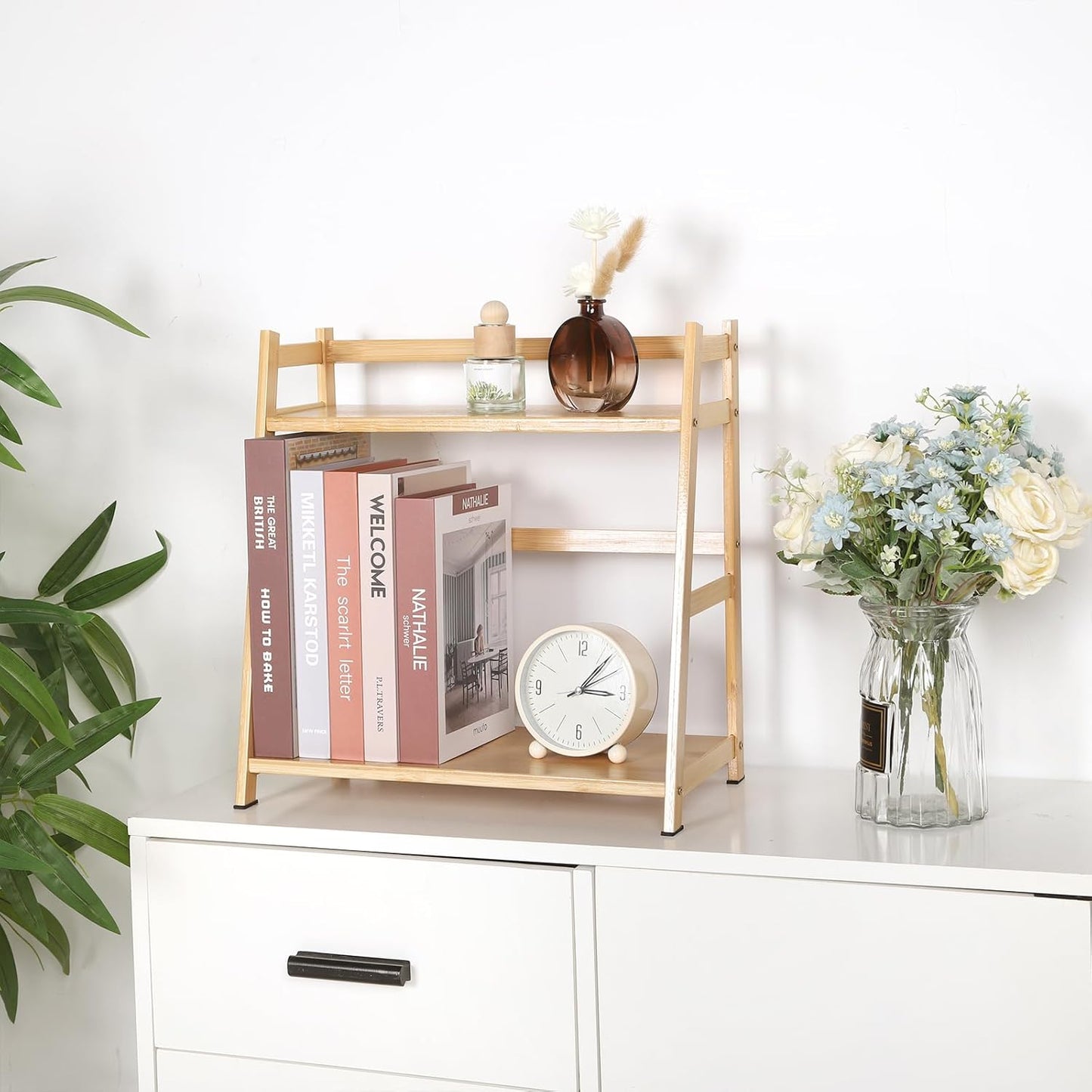 2-Tier Ladder Desktop Bookshelf, 23.62" Wide Wooden Countertop Storage Hutch for Office, Dorm and Home, Small Desk Organizer for Books and Decor
