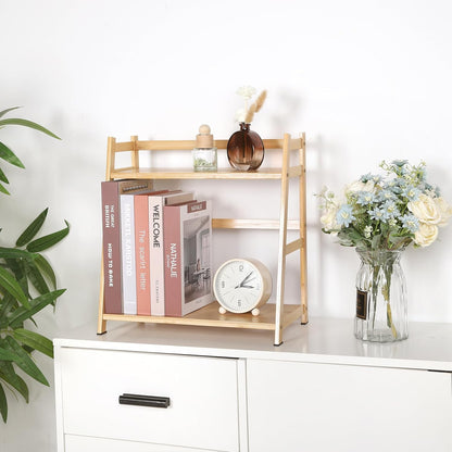2-Tier Ladder Desktop Bookshelf, 23.62" Wide Wooden Countertop Storage Hutch for Office, Dorm and Home, Small Desk Organizer for Books and Decor