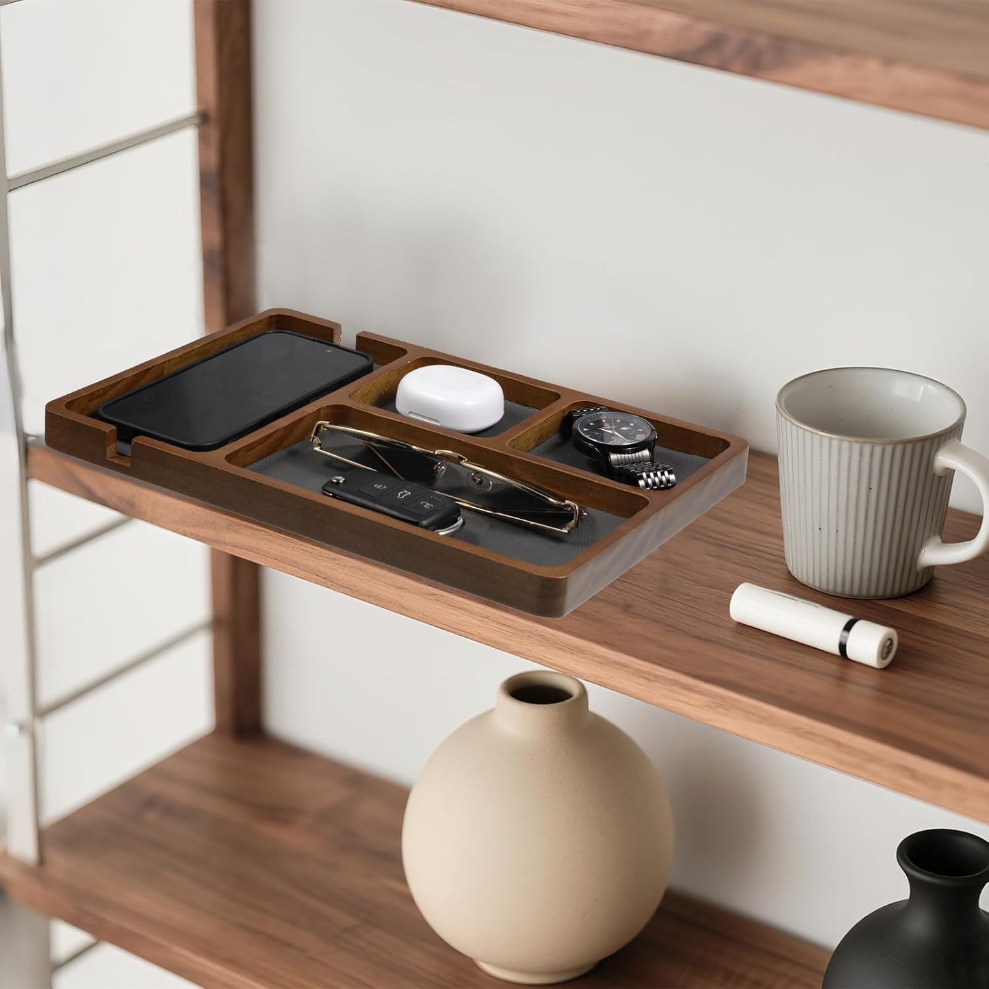 Valet Tray for Men, Black Sandalwood Catch All Tray, Wallet Trays Organizer for Nightstand, Desk, Elegant EDC Valet Trays for Keys, Watch, Phone, Jewelry