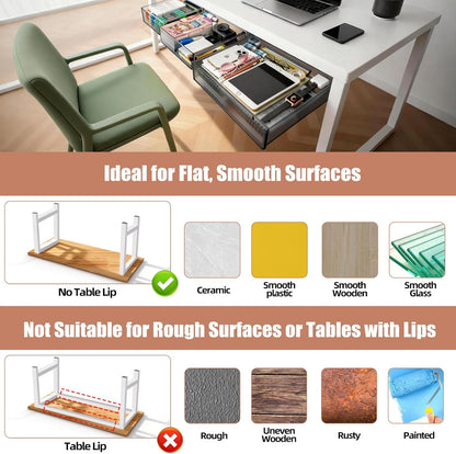 TooCust 3 Pack Under Desk Drawer Slide Out Storage Organizer, Clear White 3 Sizes (S/M/L), Dual-Mount Hidden Table Tray for Tablets, Planners & Office Supplies