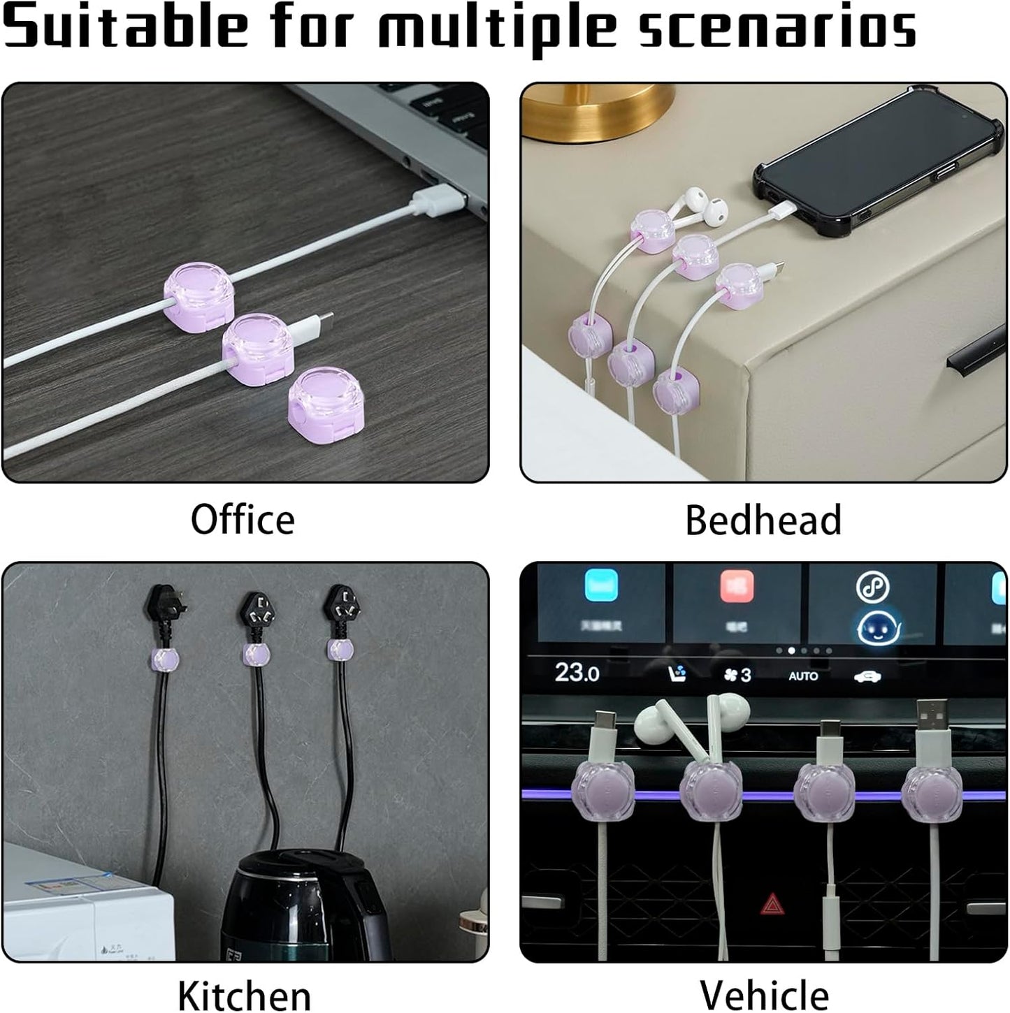 Magnetic Cable Organizer Set, 8 Pcs Easy Adhesion Desk & Wall Mount Holders for Mobile Phones and USB Cables, Perfect for Office, Kitchen, Car, and Bedside Use (Purple)