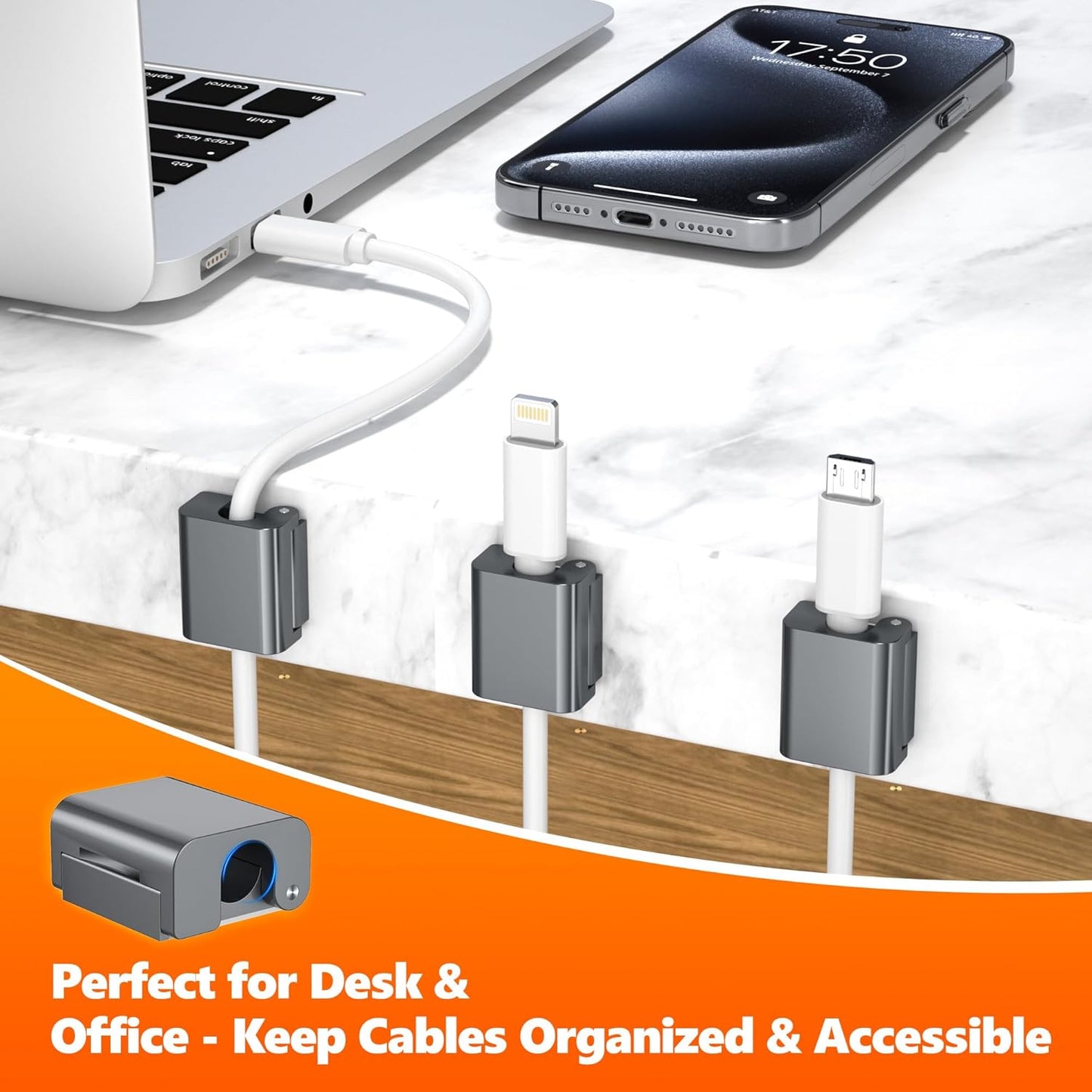 AGVEE 6 Pack Magnetic Cord Organizer Clips, 10mm Ultra-Thin Aluminum Cable Management Holder, 2 Pairs of Strong Magnets Keeper for Home Desk Office Gadgets Accessories, Residue-Free Tape, Silver