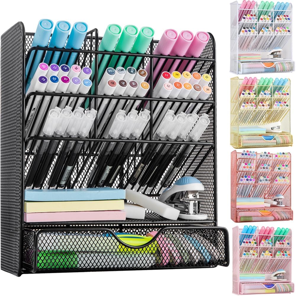 Spacrea Pen Holder Desk Organizer - Desk Organizers and Accessories, Pencil Holder with 10 Compartments and 1 Drawer（Rose Gold）
