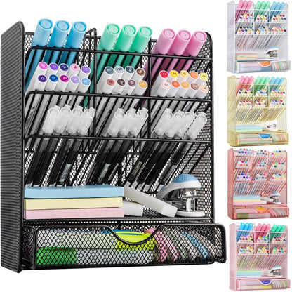 Spacrea Pen Holder Desk Organizer - Desk Organizers and Accessories, Pencil Holder with 10 Compartments and 1 Drawer（Rose Gold）