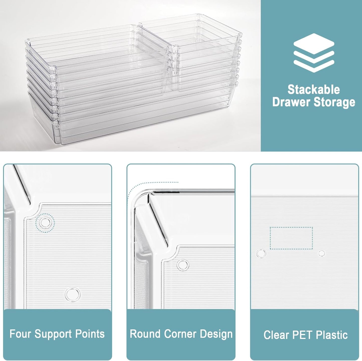 6 Pack Large Clear Plastic Drawer Organizer Trays, Desk Drawer Organizers and Storage Dividers, Non-Slip Storage Bins for Jewelry, Snacks, Office, Bathroom, Bedroom and Kitchen