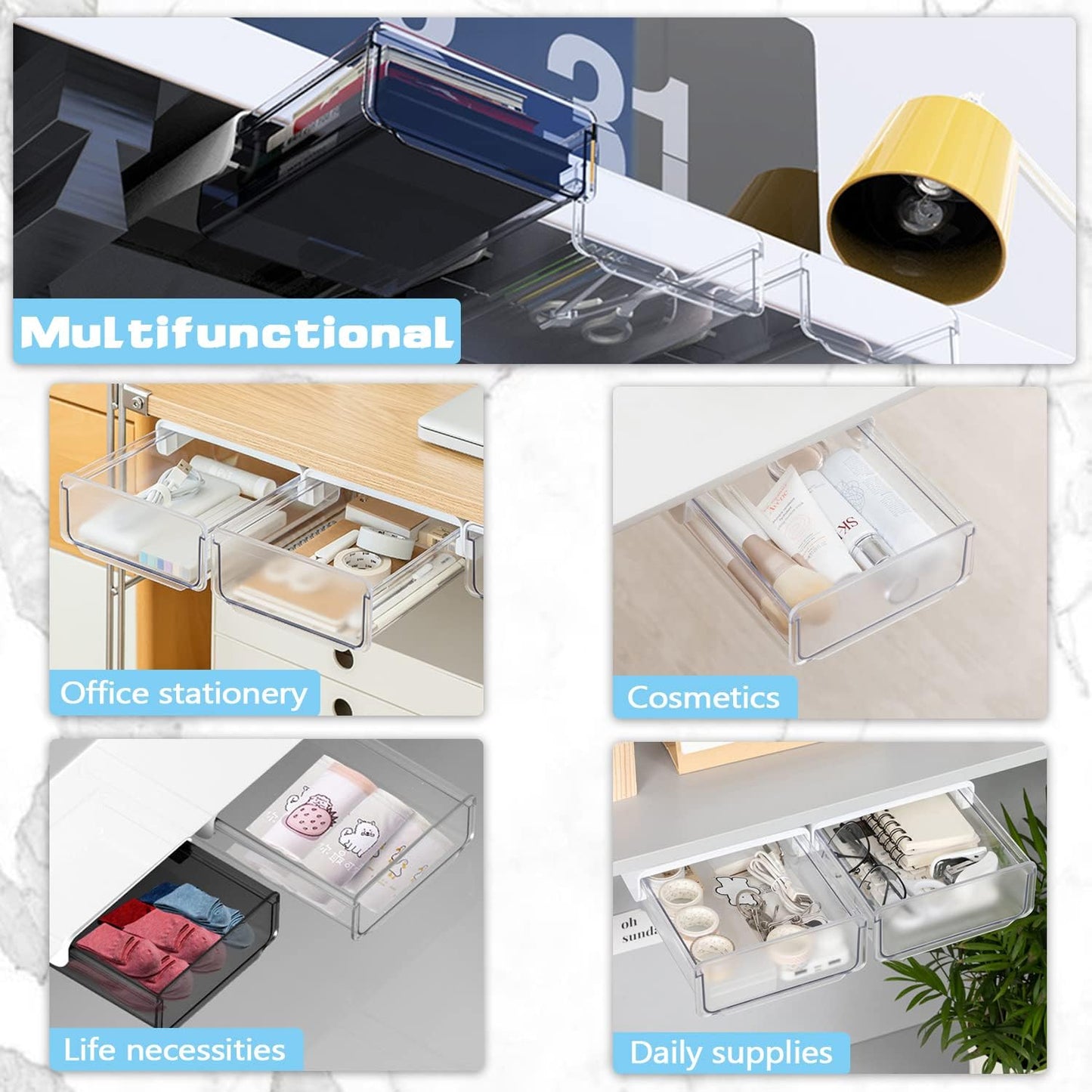 Self-adhesive Under Desk Drawer Organizer, 2 Pack Table Hidden Slide Out Large Storage Mounted Desktop Pencil Holder Tray Drawers for Office Home School Stationery Kitchen (Large, White)