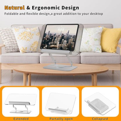 Acrylic Book Stand for Reading,Adjustable Holder with 360° Rotates Base & Page Clips,Foldable Desktop Ricer for Cookbook,Music Scores,Laptop,Tablet,Recipe,Textbook,Magazines