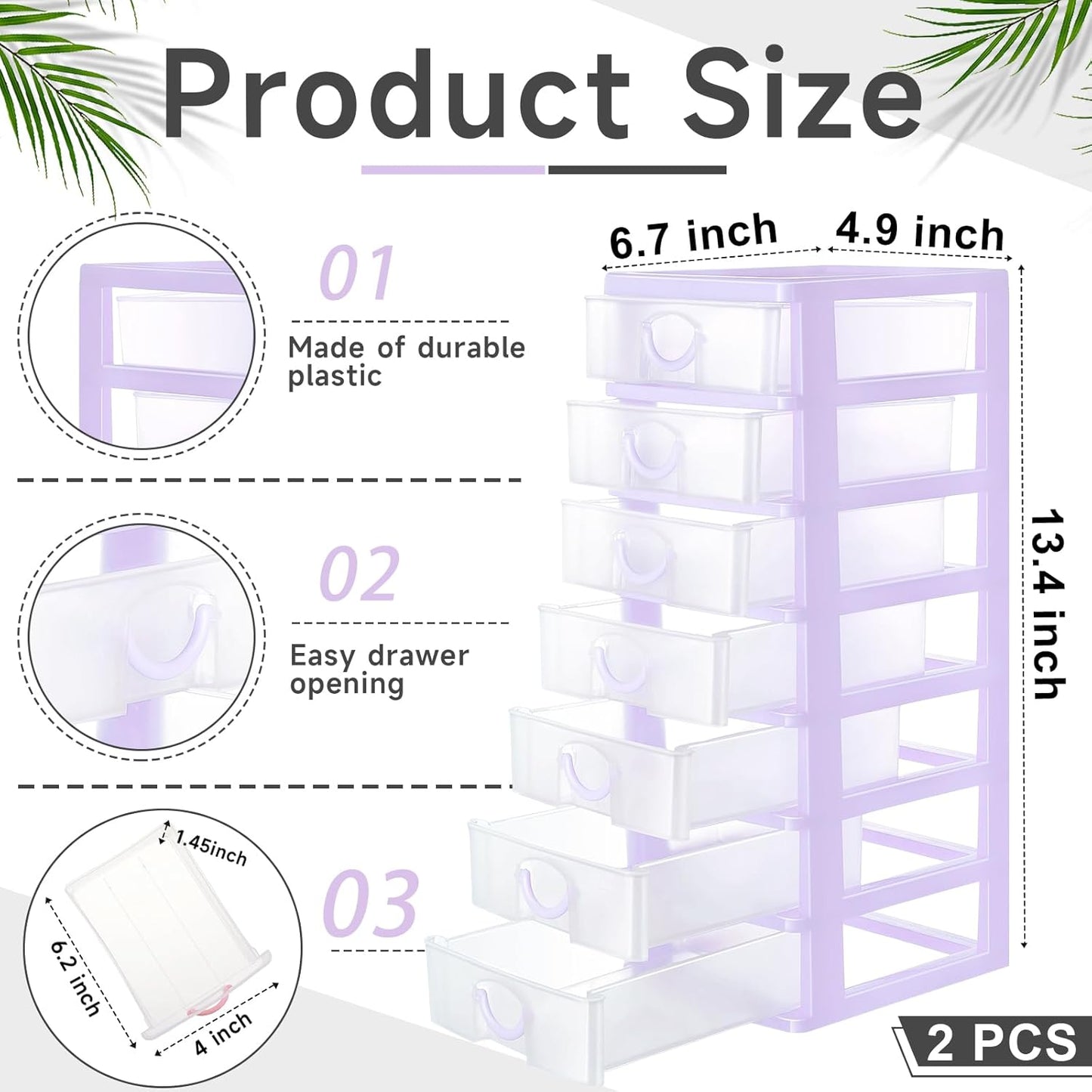 Thyle 2 Pcs Plastic Drawers Organizer Mini Organizer Stackable Plastic Clear Drawer Storage Box Containers Storage Units for Desktop Classroom Craft 6.7 x 4.9 x 13.4 inches(Purple)