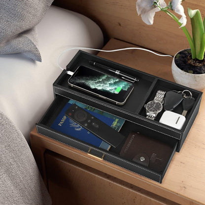 HofferRuffer Valet Jewelry Tray Organizer with Drawer, Faux Leather Storage Catchall Box Phone Charging Station Tray with Dresser Nightstand Desktop Drawer Organizer (Black)