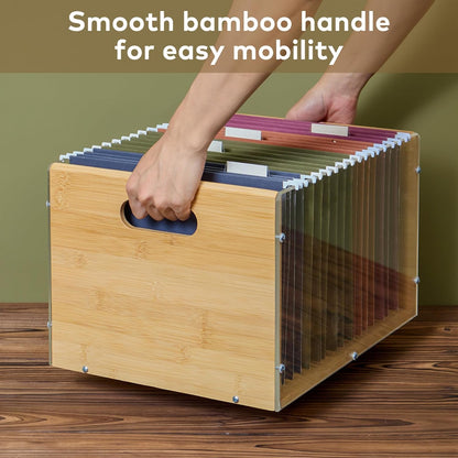 Sbanmao Clear Acrylic File Box Organizer, Bamboo Hanging Folder Storage Boxes, Filing Crate Bin Holder with Handle for Home Office Desk, Letter Size