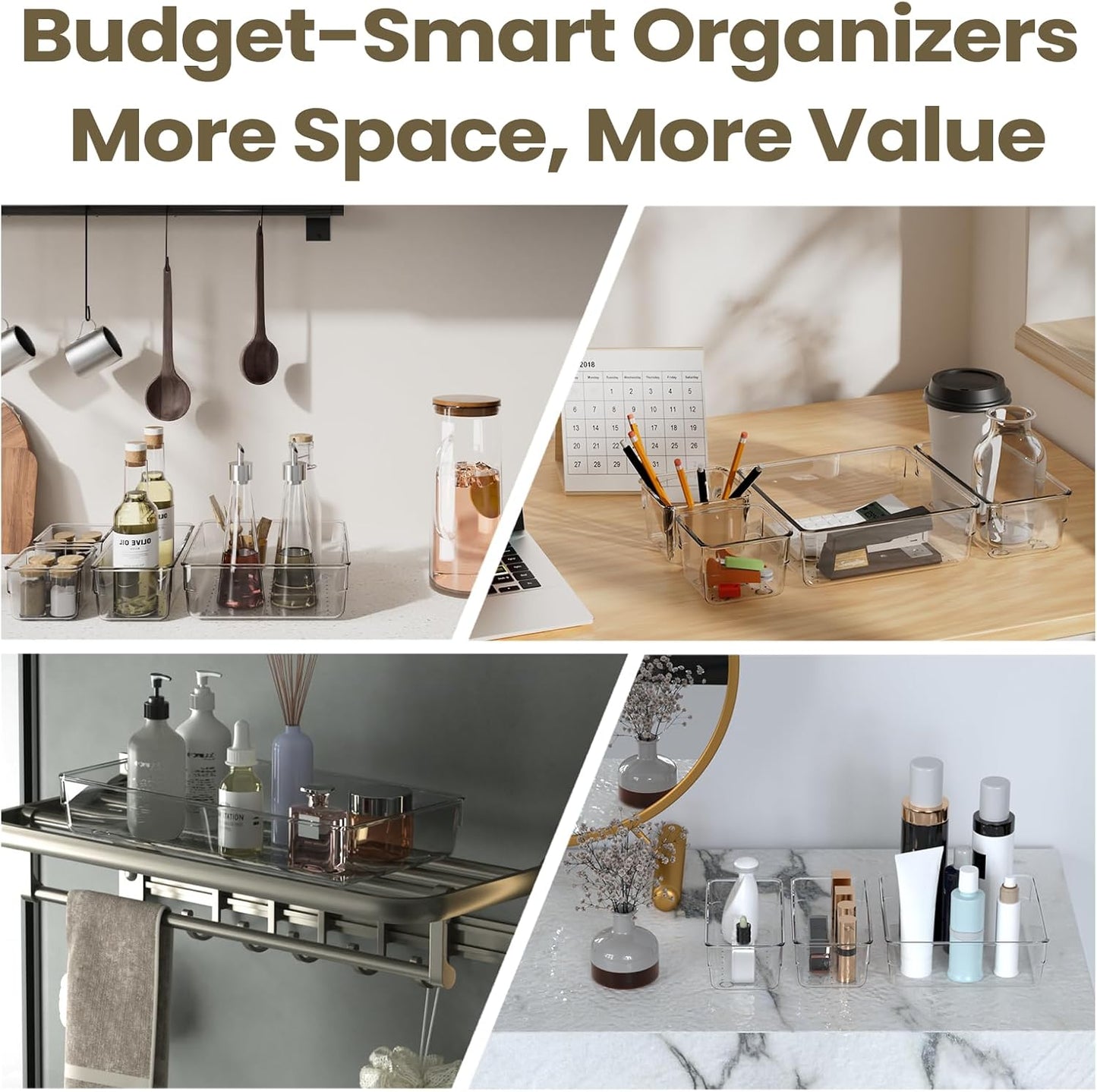 21 PCS Clear Plastic Drawer Organizer Set with 15 Inch Extra Long Bins, 5 Sizes Acrylic Makeup Organizer and Storage Trays, Non Slip Dividers for Vanity, Kitchen and Office