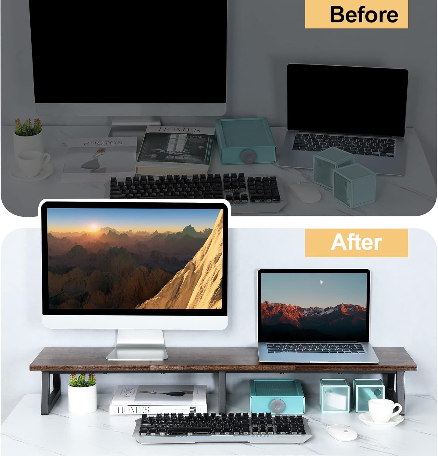TEAMIX 42 inch Large [Dual] [Monitor] [Riser],Rustic Brown Extra Long TV [Stand Wood & Steel Desktop [Riser] with Storage for [Dual] Screen Office Desk Organization