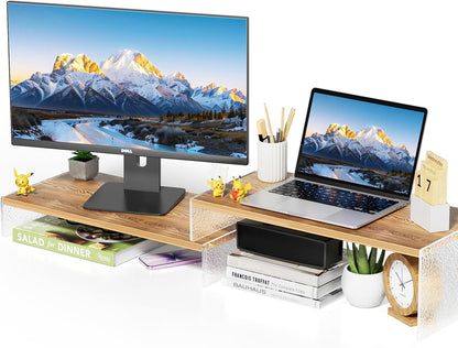 YGYQZ Adjustable Monitor Stand Riser with Acrylic Legs丨7.67" Wide Dual Monitor Stand for Desk丨2-Tier Wood Desktop Organizer for Computer, Laptop, Printer & PC丨Modern Aesthetic Desk Shelf(wood-flat)
