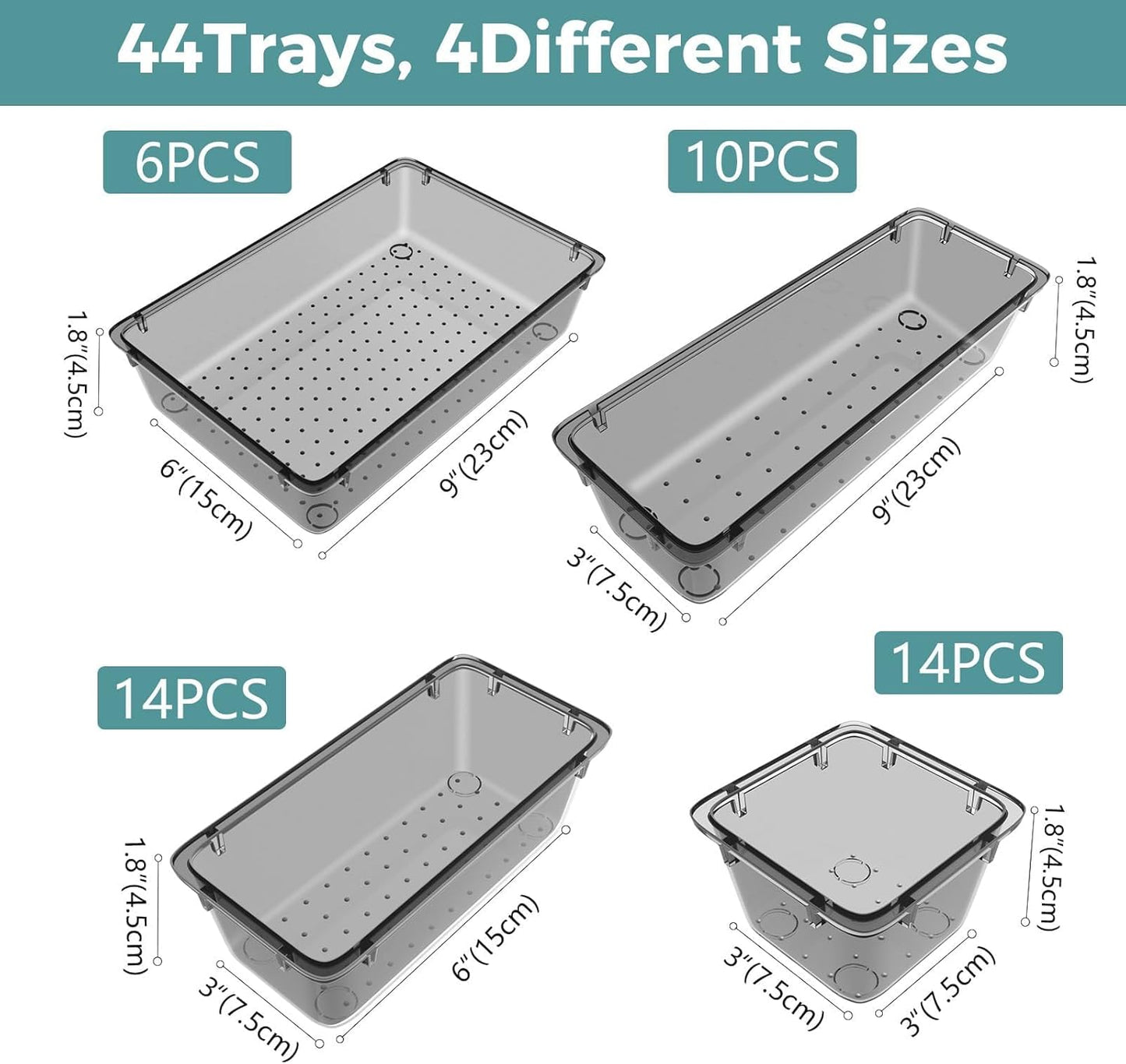 WOWBOX 44 PCS Clear Plastic Drawer Organizer Set, 4 Varied Size storage Bins and Desk Drawer Organizer tool Trays for Makeup, Gadgets, Jewelry and Utensils in Bathroom, Bedroom and Office, Clear Black