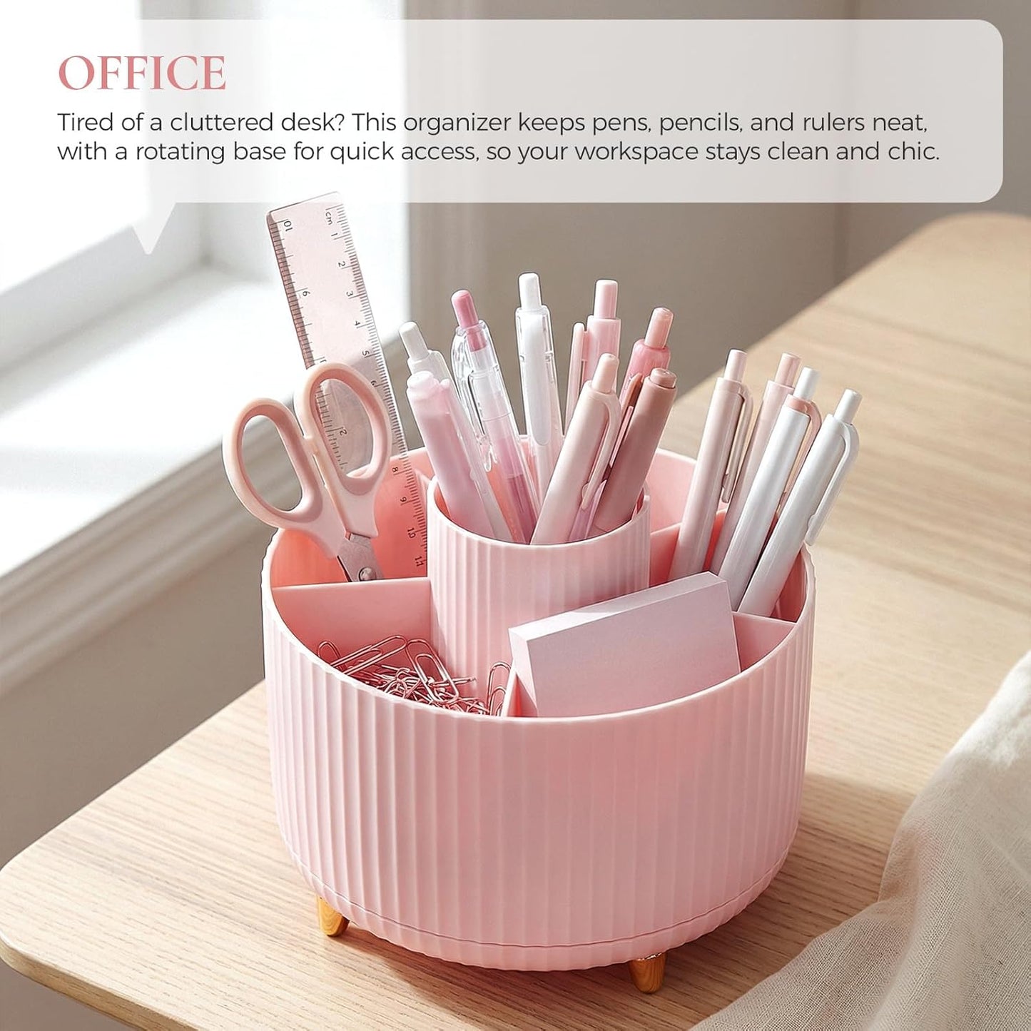 KONVINIT Pencil Pen Holder for Desk, 5 Slots 360 - Degree Rotating Desktop Organizer, Cute Desk Organizers and Accessories for School, Home, Office and Art Supply, Beige