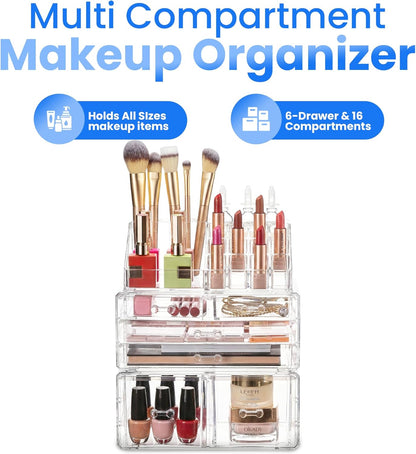 Masirs Clear Makeup Organizer - 16-Compartment Cosmetic and Jewelry Holder with 4 Drawers - Vanity Storage Box for Makeup, Skincare, Accessories, and Jewelry Display