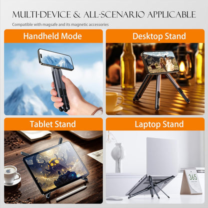 Multi-Device Magnetic Stand Compatible with Magsafe, Foldable Aluminum Alloy, 3-in-1 Laptop/Tablet/Phone Holder, Supports Handheld or Desktop Mode, Portable Travel Design, Gray