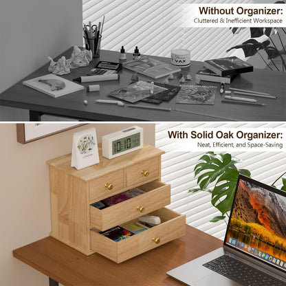 Oak Desk Organizer with Drawers, Durable Wooden Desktop Storage Box with Metal Handles & Non-Slip Silicone Pads, 4 Drawer Tabletop Organizer for Office, Bedroom, Bathroom, Vanity, and Makeup – Walnut