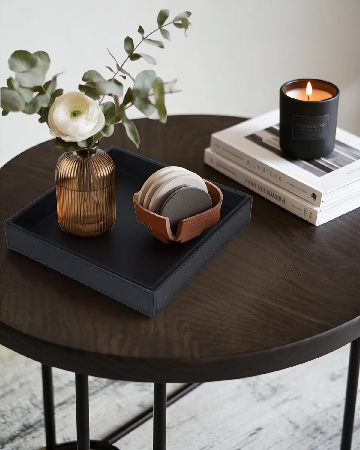 HofferRuffer Faux Leather Vanity Tray, Elegant Desktop Storage Organizer, Decorative Catchall for Perfume, Bathroom Valet, Nightstand or Dresser, Black, 10.2 x 8.4 x 1.8 Inches