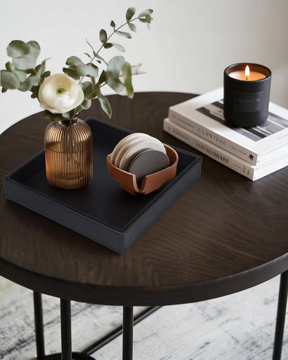 HofferRuffer Faux Leather Vanity Tray, Elegant Desktop Storage Organizer, Decorative Catchall for Perfume, Bathroom Valet, Nightstand or Dresser, Black, 10.2 x 8.4 x 1.8 Inches