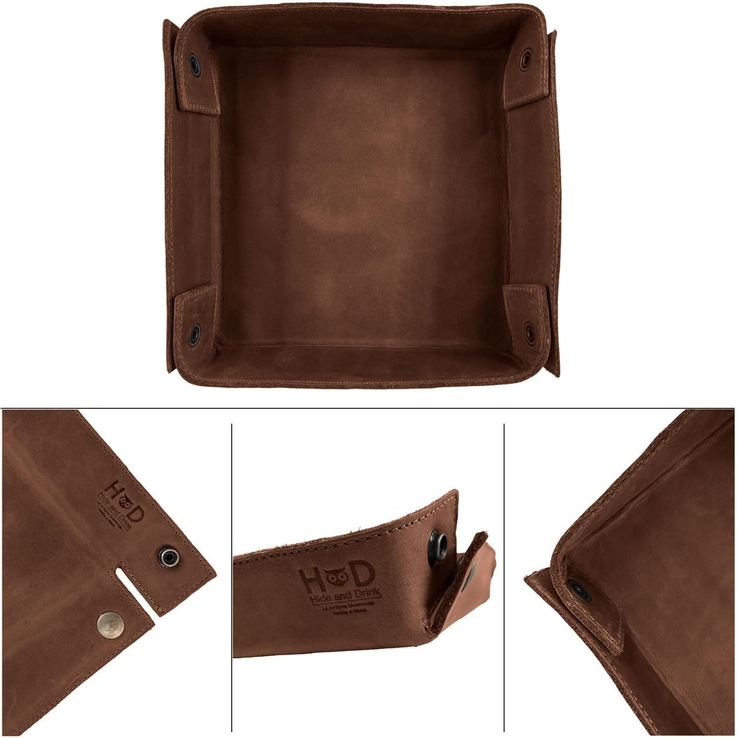 Hide & Drink, Leather Catchall Tray, Easy Access Organizer for Keys, Coins, Change, Jewelry, Watches, Smartphones, Durable, Vintage Style, Handmade :: Bourbon Brown