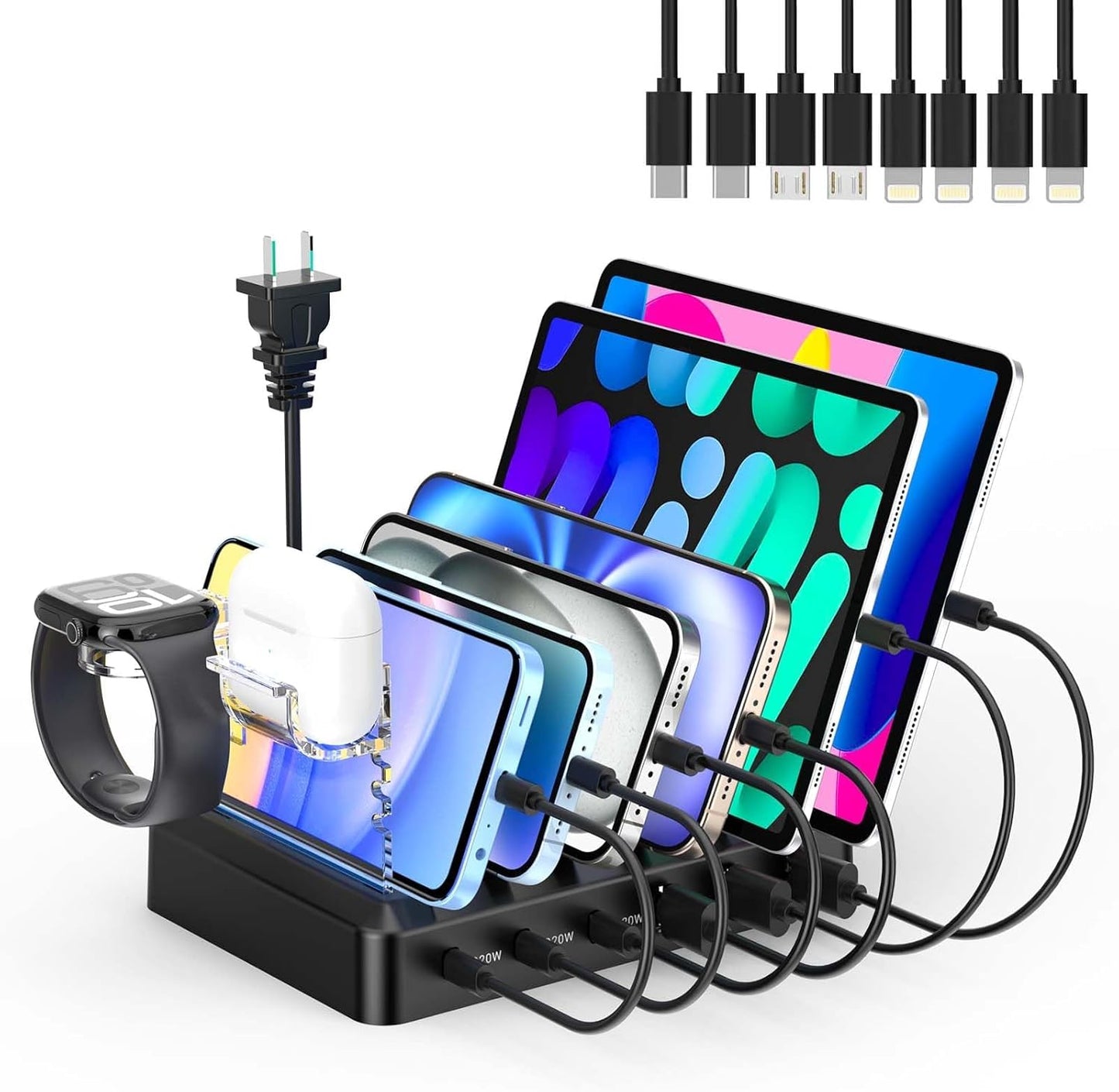 Charging Station for Multiple Devices,60W 6 Port Charger Station with 7 Mixed Charging Cables,USB Charging Dock,Compatible with Cellphone,Tablet, Kindle, iPhone iPad and More (White)