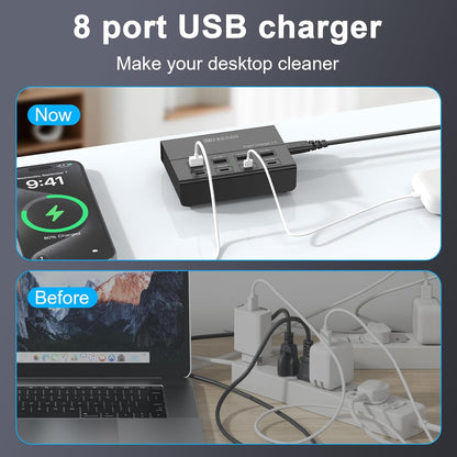 USB Charger with USB C PD20W and USB A QC18W, HITRENDS 60W PD Fast Charging Station, 5ft 8-Port Multiple Desktop Multi Port USB Charging Hub Compatible with iPad iPhone 17/16/15/14, Galaxy S24/S23/S22