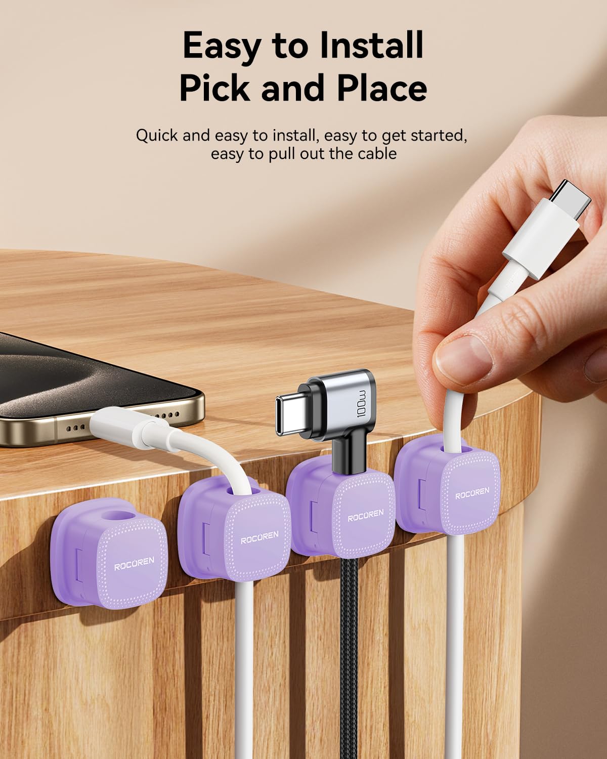 6-Pack Magnetic Cable Clips, Rocoren Smooth Adjustable Adhesive Cord Organizer, Desk Cable Management Wire Holder Keeper Cables Staples for Nightstand Home Office Desk Car Phone Wall Desktop