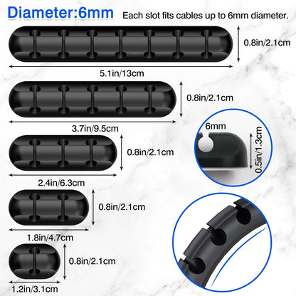 Self-Adhesive Silicone Cable Organizer Clips – Black Cord Holders with Multiple Slots (7-5-3-2-1) for Desk, Car & Nightstand