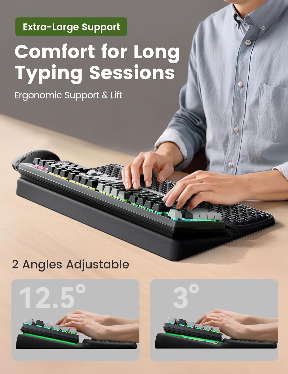 Vaydeer Wrist Rest with Keyboard Stand, Computer Wrist Support Pad, Ergonomic Keyboard Riser Holder Lifter Tray with Wrist Pad, Soft Memory Foam Desk Cushion, Palm Hand Typing for Office Home School
