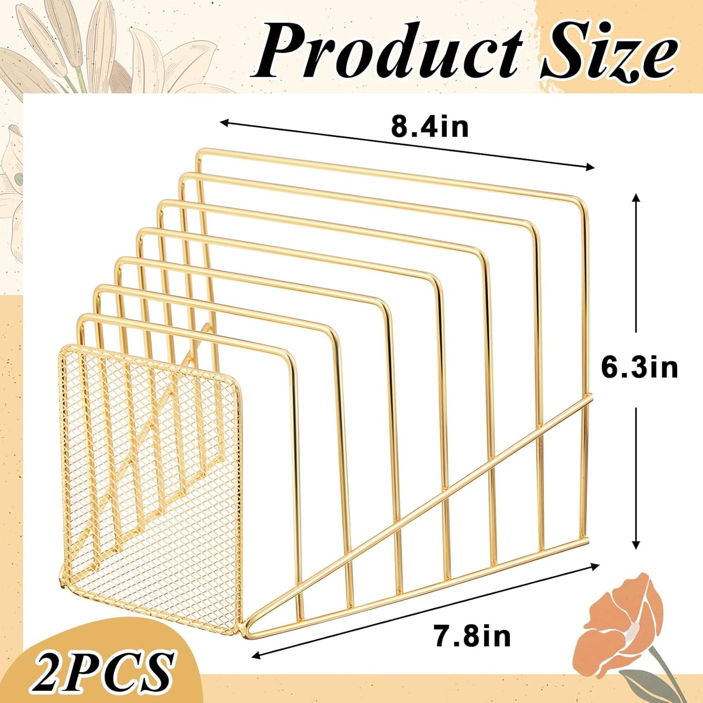 2 Pcs 7 Section Wire File Organizer for Desk, Metal Mesh Incline File Holder, Letter & Magazine Folder Rack, Desktop Paper Sorter for Home Office School (Golden)